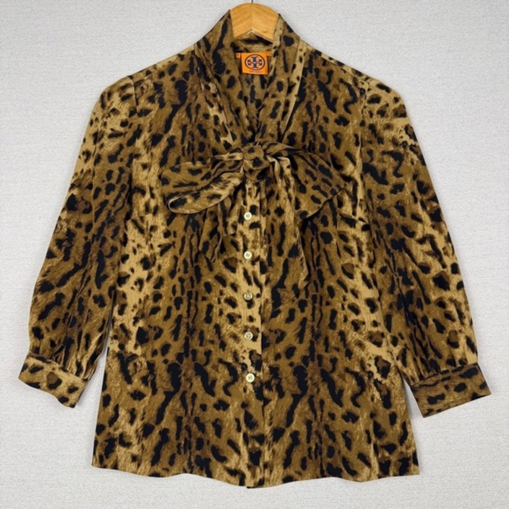 Tory Burch Blouse Womens‎ 0 Silk Leopard Print Bow Neck Tie Work Chic